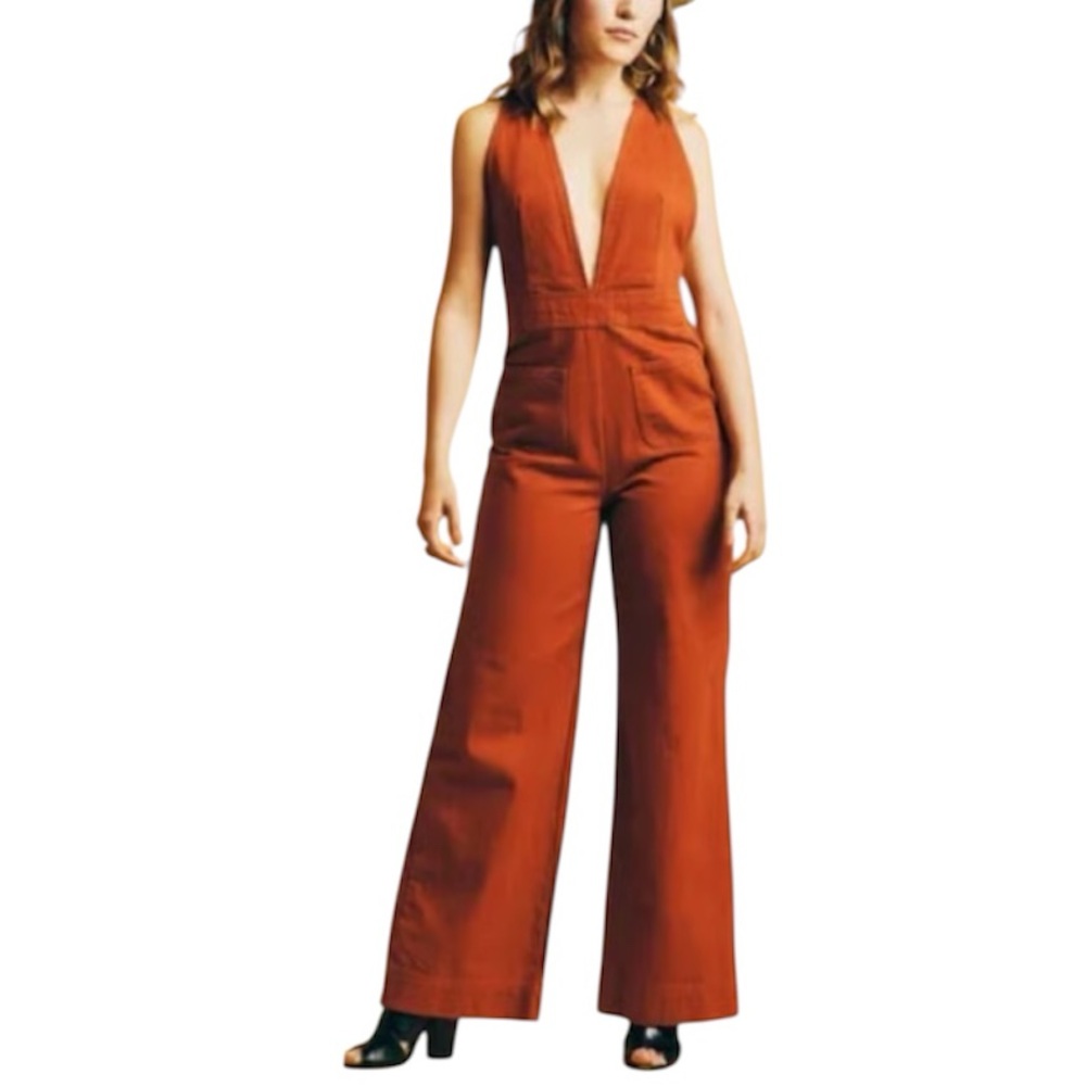 Urban Outfitters Sleeveless Deep V Wide-Leg Jumpsuit in Rust
